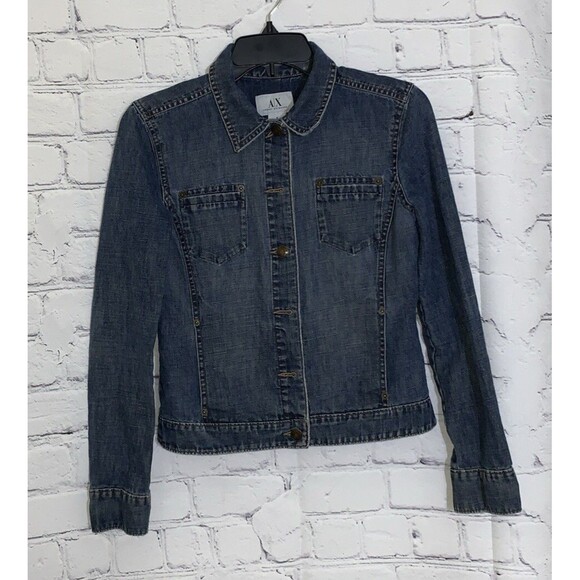 Armani Exchange A|X Small Jean Jacket Distressed Button Up Pockets Blue Denim - Picture 1 of 7